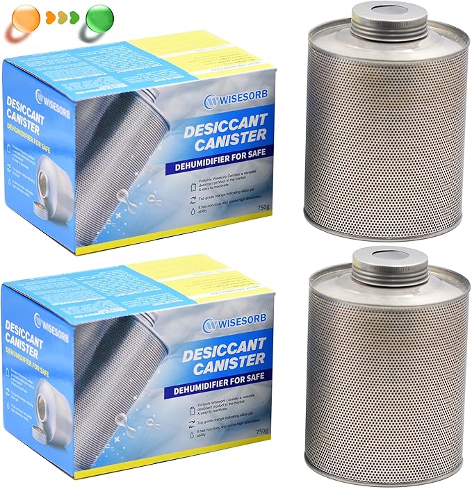 Wisesorb 750 Grams Gun Safe Dehumidifier, 2 Pack Reusable Canister Desiccant Dehumidifier, Rechargeable 1.65 Lbs Indicating Silica Gel Orange to Green