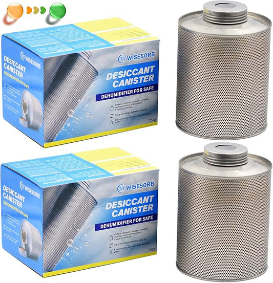 Wisesorb 750 Grams Gun Safe Dehumidifier, 2 Pack Reusable Canister Desiccant Dehumidifier, Rechargeable 1.65 Lbs Indicating Silica Gel Orange to Green