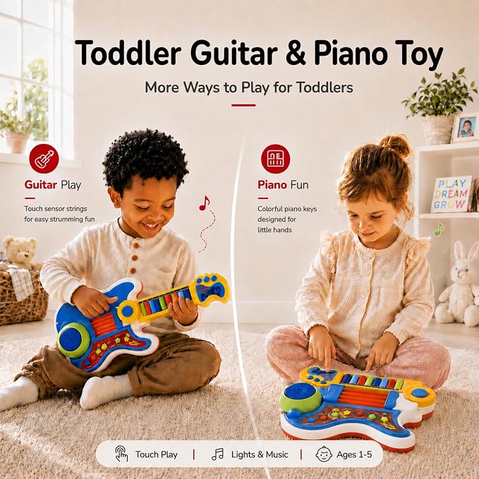 Toddlers Guitar, 4 in 1 Kids Guitar and Piano Guitars for Toddlers 2-4 with Lullaby Projector Toy for Kids Musical Instruments Toys Birthday Gift for a 2 3 4 5 Year Old Boys Girls Gifts