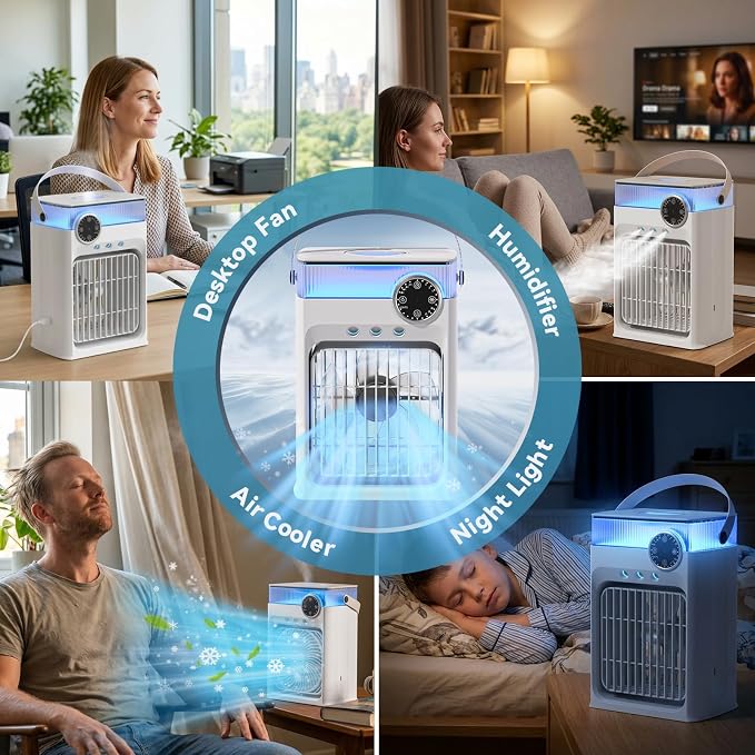 Portable Air Conditioner with Remote Control,1200ml Evaporative USB Mini Air Cooler Conditioner RGB 8 LEDs, 3 Speed 3 Spray Mode,2-8H Timer Small Portable Ac Unit for Home Bedroom,Pearl White