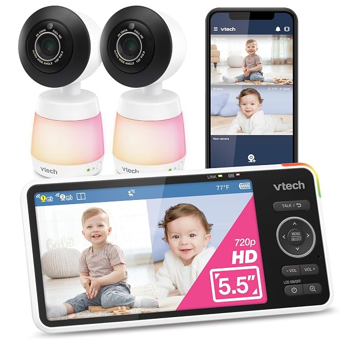 VTech Smart WiFi Baby Monitor, 2 Cameras for Twins & Two Rooms – 2K Split Screen, 5.5" Screen, 24X Zoom, Wide Angle, Free App, Night Light | Smart HD Plus Twin