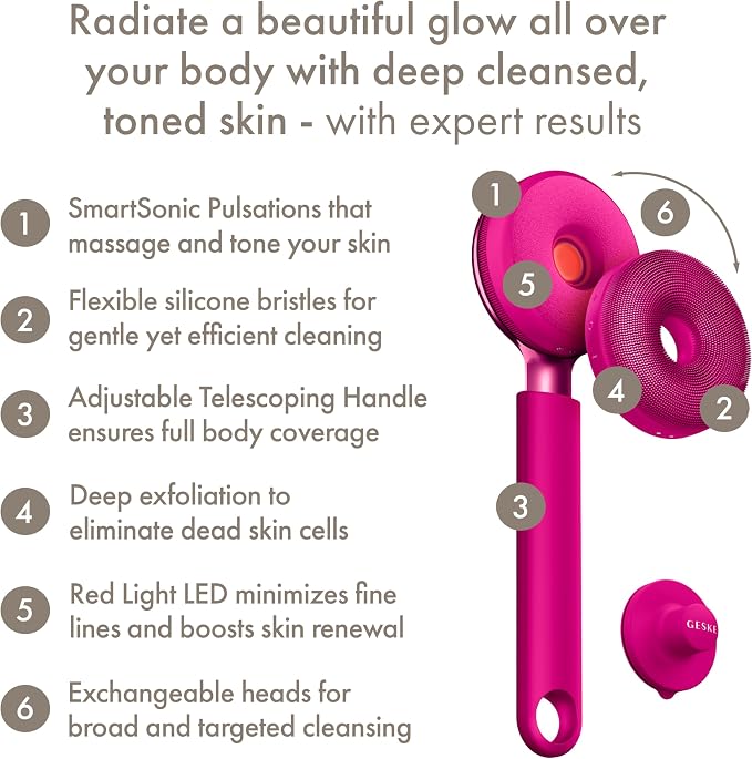 GESKE LED Sonic Full-Body Brush | 9 in 1 | Body Cleansing Brush & Intensive Exfoliator with LED | with SmartSonic Pulsations | Expert Deep Cleansing & Massage | Rough Skin Remover | Adjustable Handle