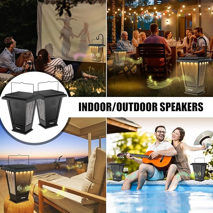 pohopa Bluetooth Speakers Waterproof, Solar Powered 2 Packs True Wireless Stereo Sound 20W Dual Pairing Lantern Indoor Outdoor Speakers with 20 Piece LED Lights, Richer Bass, Black