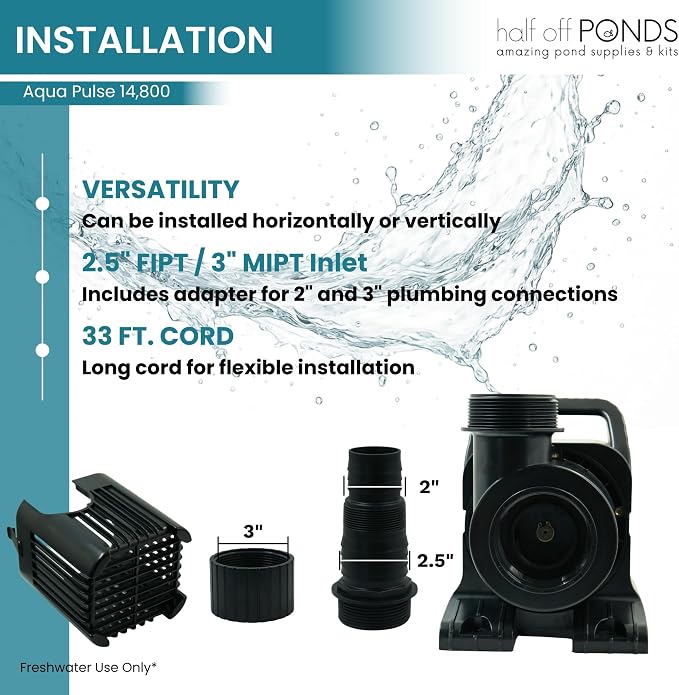 Aqua Pulse Submersible Pond Pump, 14,800 GPH, 33 ft Cord | 35.5 ft max head, 1100W energy efficient, Ultra quiet, For koi ponds, Waterfalls, Fountains