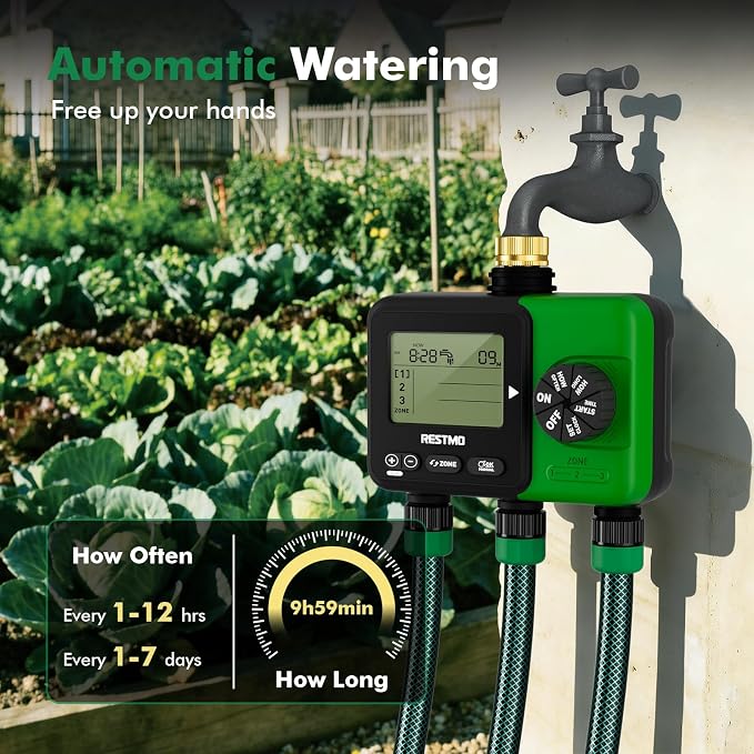 RESTMO Sprinkler Timer for Outdoor Hose Faucet 3 Zone, Up to 9h59m Programmable Watering Timer for Soaker Hose, Filling, Misting with Brass Inlet, Rain Delay/Manual/Automatic Irrigation System