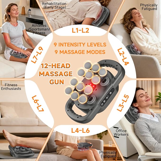 12 Head Massage Gun,Deep Tissue Percussion Massager with 9 Levels & 9 Modes,2600mAh Battery Cordless Electric Muscle Massager Tool for Back/Shoulder/Hand/Leg/Foot Full Body Muscle Pain Relief