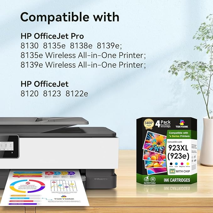 TOKYOINK 923 923e 923XL Ink Cartridges Combo Pack with Chip Replacement for HP 923 923e Ink Cartridges for HP Printer OfficeJet Pro 8130e 8135e 8139e 8125e 8138e 8122e 8120 8124e 8130(4 Pack B/C/M/Y)