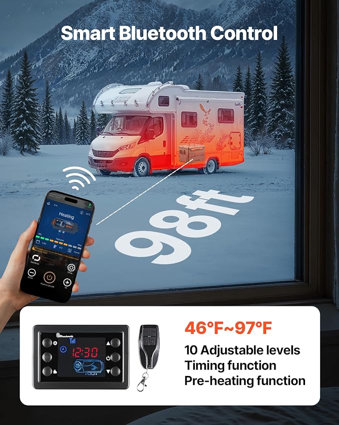 VEVOR Diesel Heater 8KW, DC 12V/24V, All in One Portable Diesel Heater with Bluetooth APP Control, Remote Control and LCD Screen, 1.3 Gal Fuel Tank for Trucks, Vans, RVs, Campers, and Garages