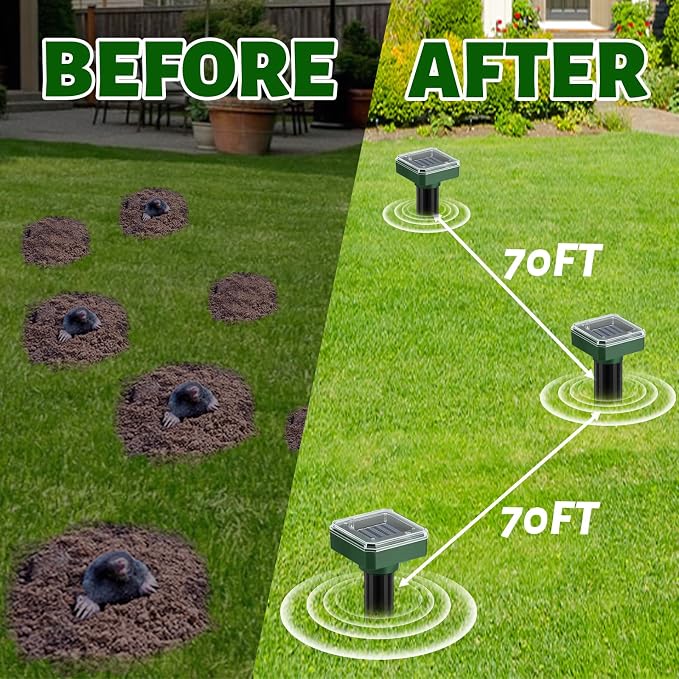 Mole Repellent Solar Powered 10 Pack,Ultrasonic Gopher & Snake Deterrent Spikes, IP44 Waterproof Vole Groundhog Chipmunk Repeller, Outdoor Sonic Stakes for Lawn Garden Yard & Farm Protection