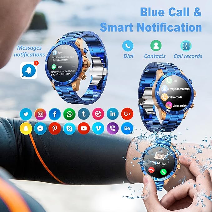 Men's Smart Watch Round HD 1.53" Gold Blue Smart Watches for Men, Multiple Sports Modes, Bluetooth Voice Call. Available for iOS and Android (Blue Steel)