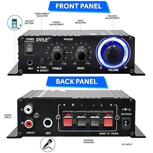 Pyle Home Mini Audio Amplifier-60W Portable DualChannel Surround Sound HiFi StereoReceiver w/ 12V ACAdapter,AUX,MIC IN,Supports Smart Phone,iPhone,iPod,MP3 For 2-8ohm Speakers-Pyle PFA200 (Pack of 12)