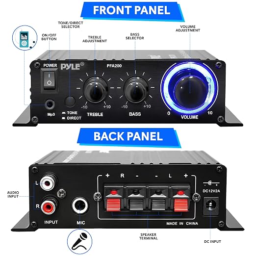 Pyle Home Mini Audio Amplifier - 60W Portable Dual Channel Surround Sound HiFi Stereo Receiver w/ 12V AC Adapter, AUX, MIC IN, Supports Smart Phone, iPhone, iPod, MP3 For 2-8ohm Speakers - Pyle PFA200