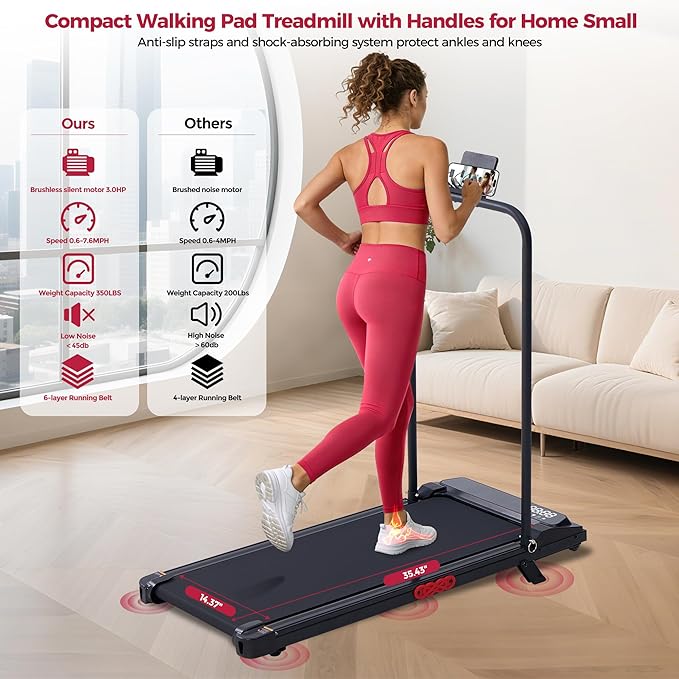 Walking Pad with Incline and Handle Bar, 3.0HP Electric Protable Mini Walking Pad Treadmills for Home Small Space, Small Treadmill for Exercising, 0.6-7.6MPH, 350LB Capacity
