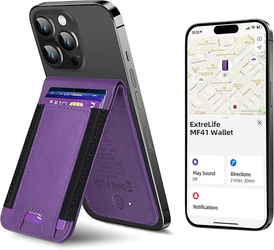ExtreLife MagSafe Wallet, Work with Apple Find My, Magnetic Phone Wallet Stand for iPhone 17/16/15/14/13/12 Series, 8 Card Holder, RFID Blocking, Rechargeable, Purple