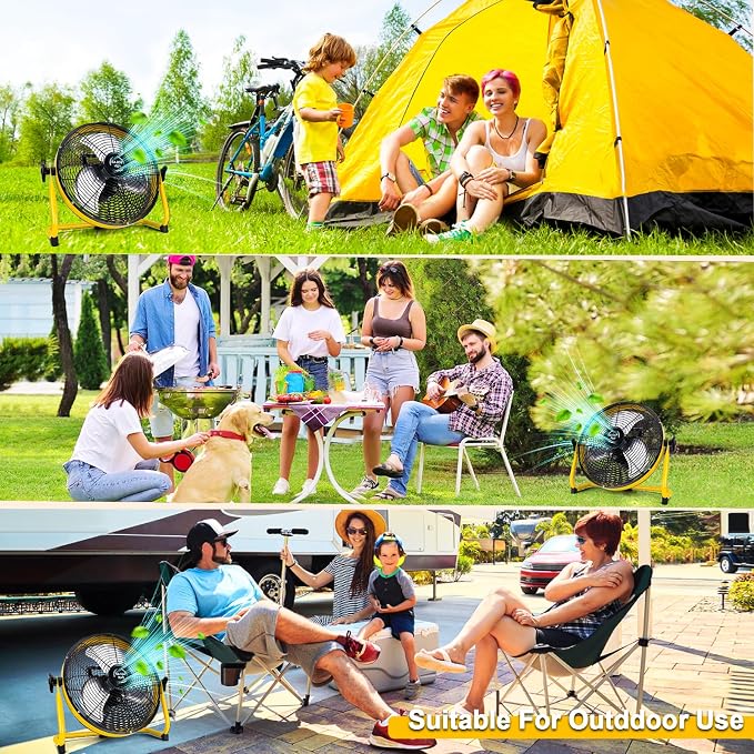 DBF 14" Solar Powered Fan, 15000 mAh Rechargeable Battery Operated Outdoor Floor Fan, 20W Solar Panel, 4-24H Runtime, 12 Speeds, Quiet, Cordless, For Outside Barn Home Outage, Yellow