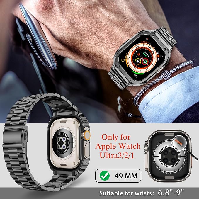 MioHHR Stainless Steel Band and Case Compatible with Apple Watch Band 49mm, Men Metal Protective Bumper Cover for iWatch Series Ultra 3/2/1, Black