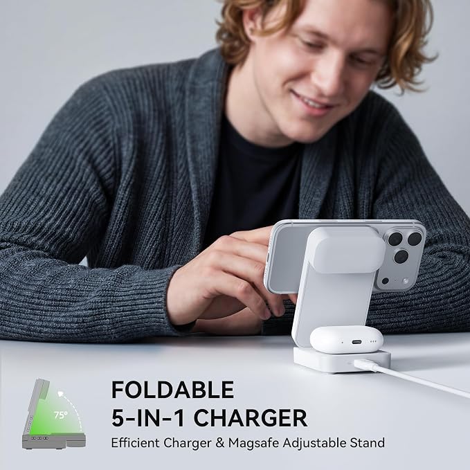3-in-1 Charging Station for MagSafe Wireless Charger Clock, LED Screen with Power Display, 15W Fast Charging, Compatible with iPhone 17/Air/16/15, iWatch Ultra 3, AirPods Pro 3, White