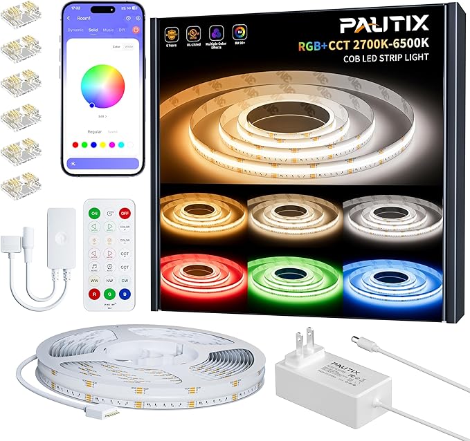 PAUTIX COB LED Strip Lights,32.8ft RGB+CCT 2700K-6500K White LED Lights,Dimmable Color Changing RGB LED Strip Light,with Remote/APP Control,for Kitchen Cabinets,Ceiling,Party DIY Lighting Projects