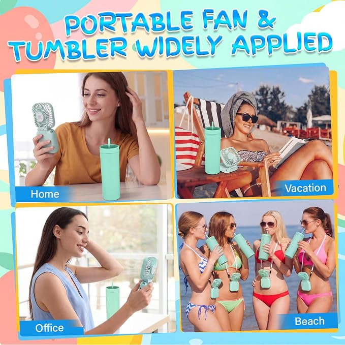 Reallnaive 12 Pcs Skinny Tumbler Bulk and Mini Portable Fans Set for Summer, 16 oz Plastic Cups with Lids Straws and Small USB Rechargeable Handheld Fan for Cooling Gift (Green)