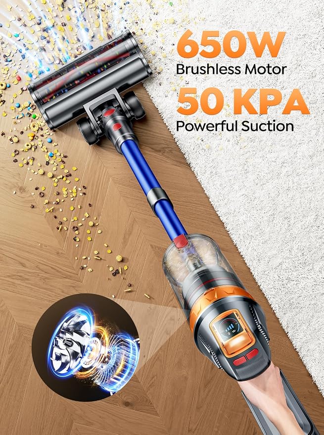 Cordless Vacuum Cleaner, 650W 50KPA 65Min with Extra Mattress Cleaning Tool, Stick Vacuum Cleaners for Home, Self-Standing, Wall Mount Charging, Stick Vacuum Cordless for Floor Pet Hair Carpet
