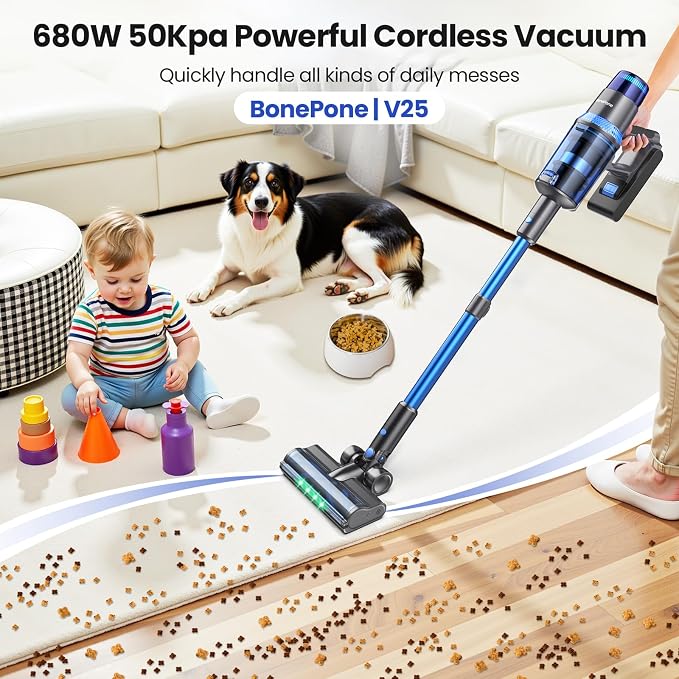 V25 Cordless Vacuum Cleaner, 680W 60Kpa Powerful Stick Vacuum with Dust Sensor, Digital Display, 4000mAh Rechargeable Battery up to 60Mins, Versatile for Pet Hair, Floor, Carpet (Navy)