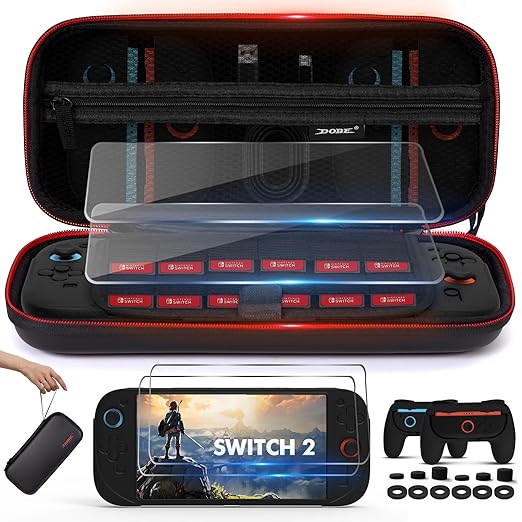 18-in-1 Accessories Bundle Compatible with Nintendo Switch 2, Carry Case Set, Protection Bundle with 2X Comfort Grips, 6X Thumb Grip Caps, 6X Precision Rings, Silicone Cover & 2X Tempered Glass