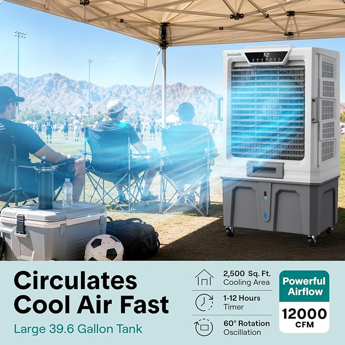 SereneLife Portable Swamp Cooler with 12000 CFM Power - Industrial Evaporative Air Cooler for Large Indoor & Outdoor Spaces, 150 L Tank, 60° Oscillation, 12-Hour Timer, Wi-Fi & Remote Control