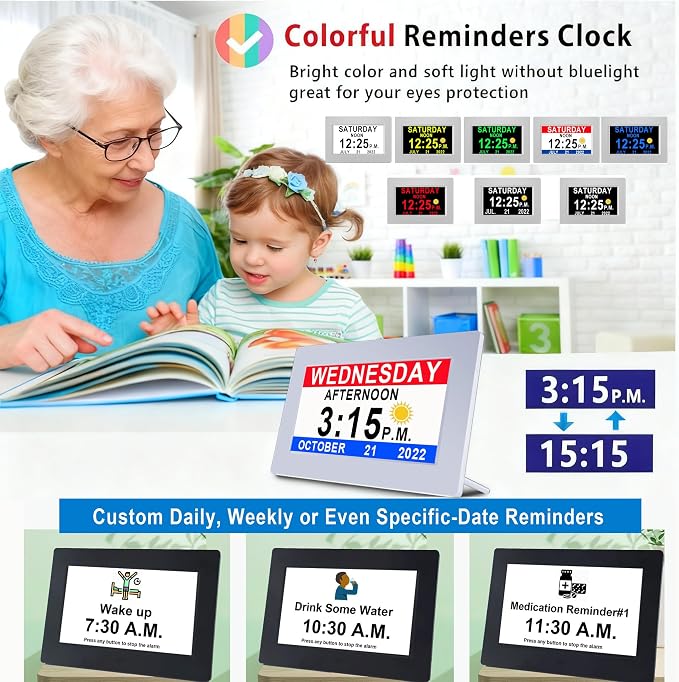 MASSII Dementia Clock with Date Time Voice Announcement, 27 Alarms Custom Reminders, Sleep Trainer, Auto DST, 10 Levels Night Dimmer, Large Talking Digital Calendar Clock for Elderly with 1.5M Adaptor