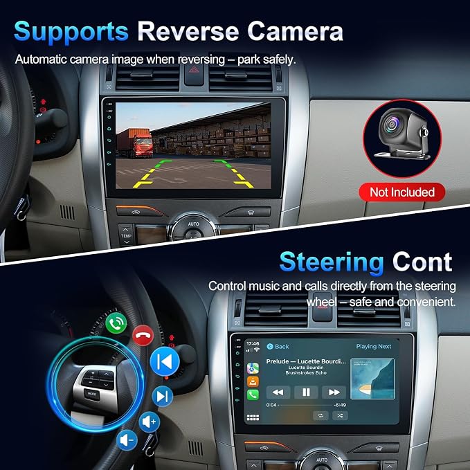 Car Stereo Radio for Toyota Corolla 2009-2013, Wireless Carplay Andorid auto Mirror Link 9Inch Touchscreen GPS Bluetooth 5.0 FM/RDS EQ-32 SWC