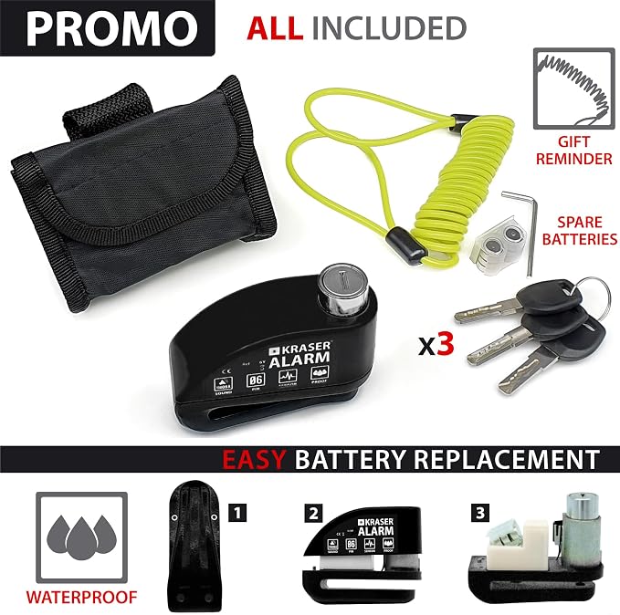 KRASER 6Y Alarm Disc Lock, Reinforced Disc Brake Lock with 3 Keys (Others 2), Heavy Duty Anti-Theft Motorcycle with Alarm,110dB, Weather-Resistant, Reminder Cable, Pouch, Motorbike Moped E-Bike