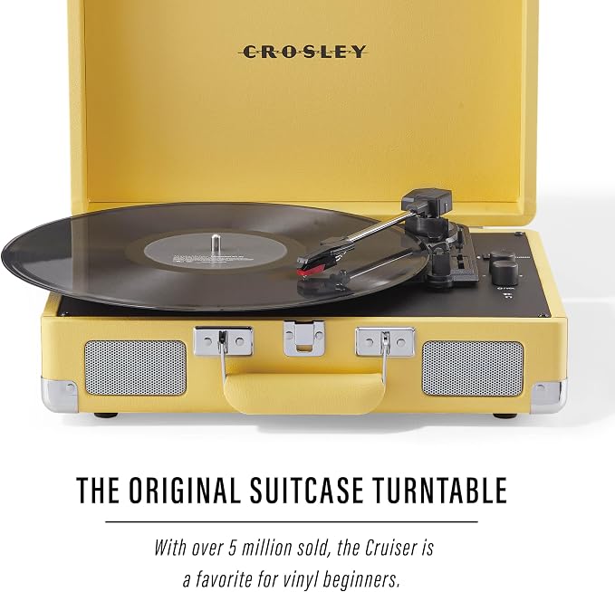 Crosley CR8005F-LY Cruiser Plus Vintage 3-Speed Bluetooth in/Out Suitcase Vinyl Record Player Turntable with Built-in Speakers, Lemon Yellow