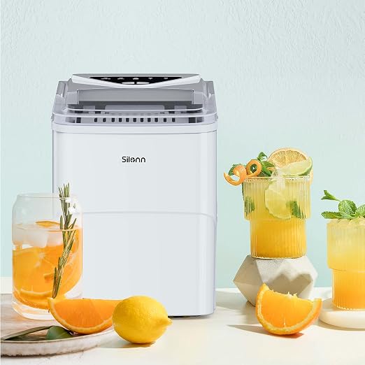 Silonn Ice Makers Countertop, 9 Cubes Ready in 6 Mins, Self-Cleaning Ice Machine with Ice Scoop and Basket, 26lbs in 24Hrs, 2 Sizes of Bullet Ice for Home Kitchen Office Bar Party, White