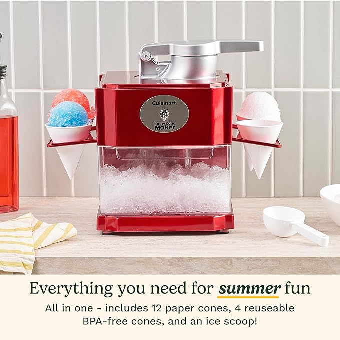 Cuisinart Snow Cone Machine, Home Shaved Ice Maker for Snow Cones, Snow Cone Maker with Reuseable Paper Cups, Makes 5 ICY Cones for Slushies, Frozen Drinks, Red, SCM-10P1