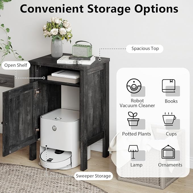 Giantex Robot Vacuum Storage Cabinet, Farmhouse End Table with Anti-Tipping Device, Anti-Slip Foot Pads, Nightstand, Space-Saving Sweeping Robot Stand for Small Space, Bedroom, Kitchen, Office (Gray)