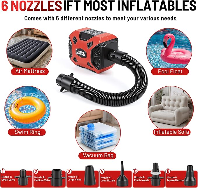 600W Electric Air Pump for Inflatables, High Power Air Mattress Pump with 6 Nozzles, Quick Inflate & Deflate Air Pump for Pool Floats, Vacuum Storage Bags, Swim Rings, Inflatable Toys