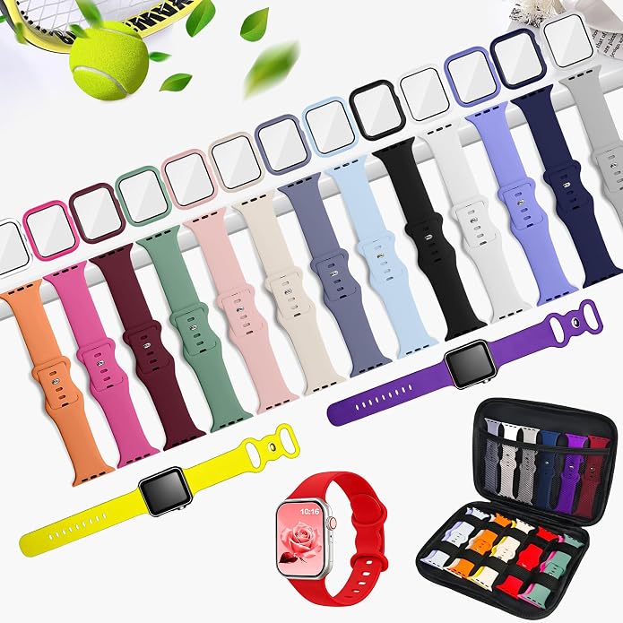 16 Pack Band Compatible with Apple Watch Bands 40mm 41mm 42mm 44mm 45mm 46mm for Women Men, Screen Protector Case Band&Organizer for iWatch Series 11 10 9 8 7 6 5 4 SE（Please select the correct size）