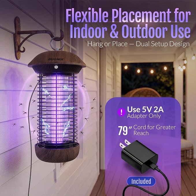 Bug Zapper Indoor Outdoor, Electric Mosquito Zapper 4200V, USB Powered Plug-in, Works with Adapter or Power Bank, No Built-in Battery, 365-395nm LED Bug Light, ABS Shell, for Home Patio Camping