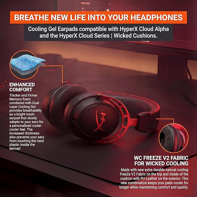 WC Freeze V2 Cloud - Angled Cooling Gel Earpads Compatible with HyperX Cloud Series by Wicked Cushions | Angled Pads for Extreme Comfort, New Freeze V2 Cooling Fabric, Extra Thick | Black