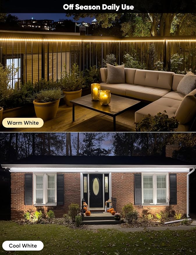 33FT Outdoor LED Strip Lights RGB+IC with Warm&Cool White, ETL Listed Music Sync Light Strip AC 120V, IP65 Waterproof and Connectable, for Party Festival Eave Porch Patio Every Day Decor