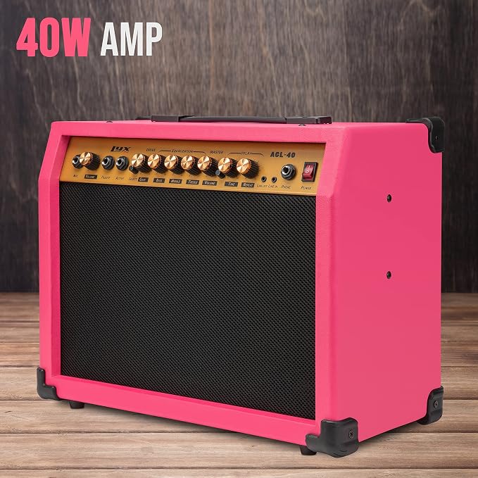 LyxPro 40 Watt Electric Guitar Amplifier | Combo Solid State Studio Amp with 8” 4-Ohm Speaker, Custom EQ Controls, Drive, Delay, ¼” Passive/Active/Microphone Inputs, Aux In & Headphone Jack - Pink