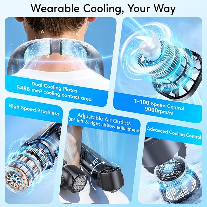 Portable Neck Fan with Cooling Plates, 6000mAh Rechargeable Wearable Fan with 1-100 Speed Control, Hands-Free Personal Cooling Fan with Digital Display, Adjustable Air Outlets for Travel Outdoor