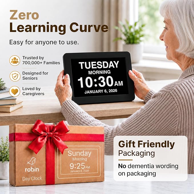 Robin Clock 2026 with Day and Date for Elderly, Clocks for Seniors, Dementia Clock, Digital Calendar Elderly, Bedside Clocks Seniors, Alzheimers Products, Dementia Clocks Large, Black