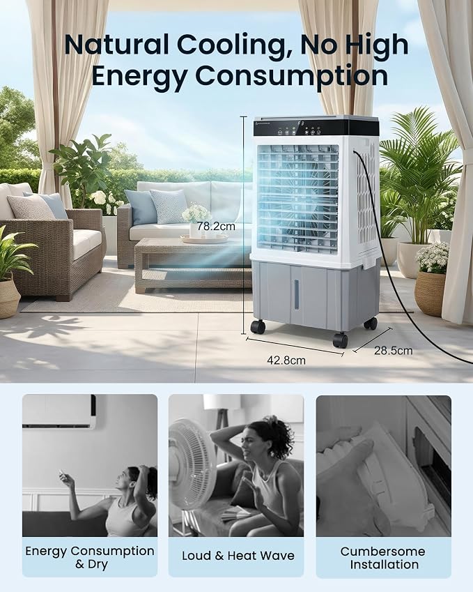 Air Choice Swamp Cooler, 3000CFM 31" Evaporative Air Cooler, 5.5Gal Removable Tank & 4 Ice Box, 120° Oscillation, 3 Speeds, Remote, 12H Timer, 3-in-1 Air Cooling Fan for Outdoor, Office, Bedroom, Grey