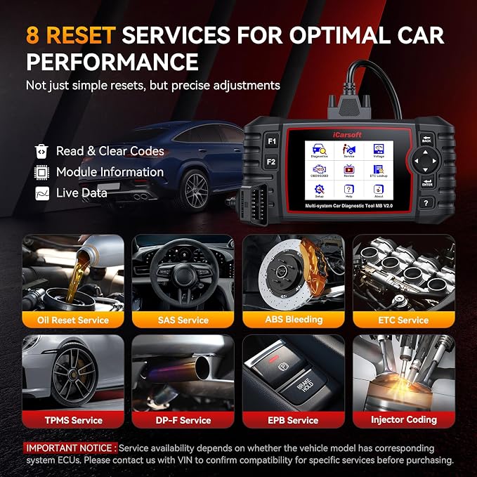 iCarsoft MB V2.0 fit for Mercedes Benz/Sprinter/Smart, Full Systems Diagnostic Tool, OBD2 Scanner with 8 Resets/Live Data/Battery Test/Module Info, Lifetime F-Ree Update