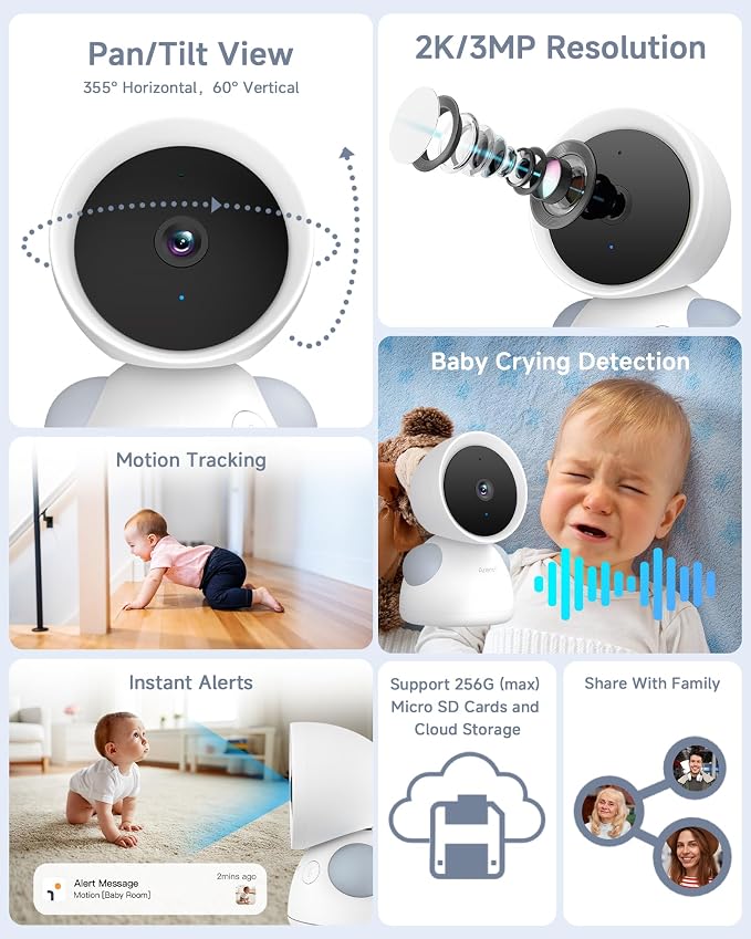 ARENTI Baby Monitor, 2K/3MP WiFi 6 Camera and Audio, 5-inch Wireless Screen, Smartphone App, Super Night Vision, Crying Detection, Auto Tracking, Temp&Humidity Sensor, Cloud&SD Card Storage (D3 Kit)