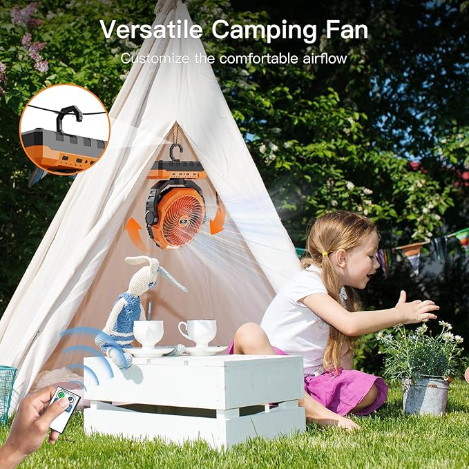 FRIZCOL 3-in-1 Camping Fan - Portable Fans Rechargeable - 36000mAh Detachable Battery Powered Fan with Light & Remote for Indoor Outdoor, Tent, Travel, Fishing, Jobsite, Gifts for Men Dad Him - Orange