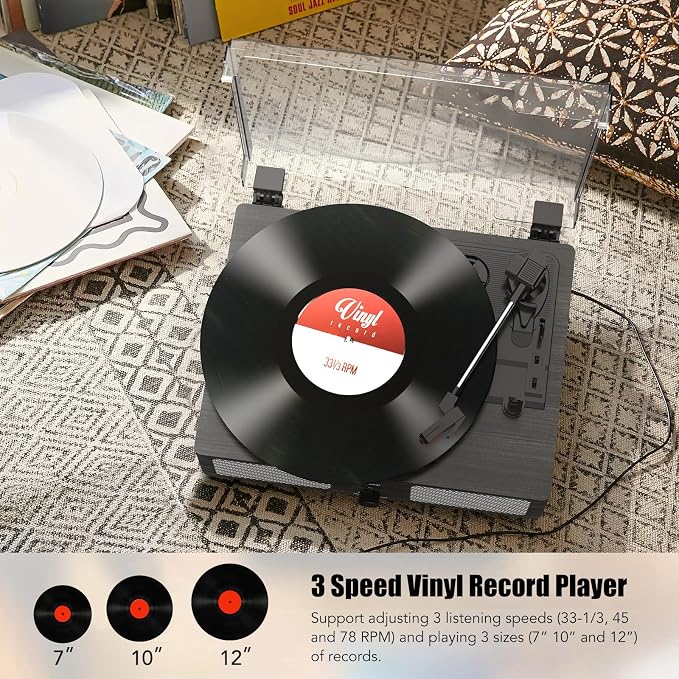 Vinyl Record Player Wireless Turntable with Built-in Speakers and USB Belt-Driven Vintage Phonograph Record Player 3 Speed for Entertainment and Home Decoration Black