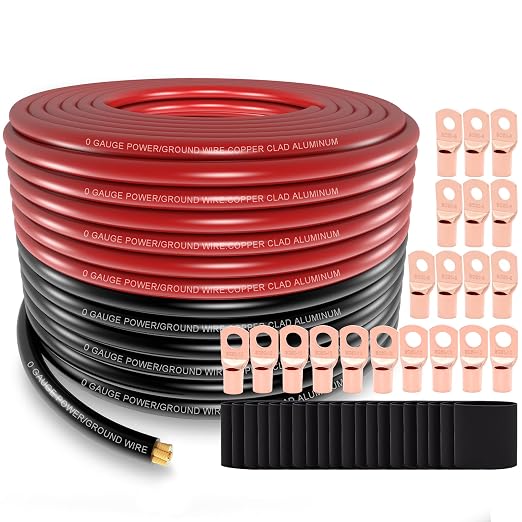 AWG 0 Gauge Wire (20Feet Black+20Feet Red) Copper Clad Aluminum,0 Gauge Battery Cable Wire Power Ground Cable,20pcs Lugs Terminal Connectors,Heat Shrink Tubing Suitable for Indoors,Outdoors,RV,Car