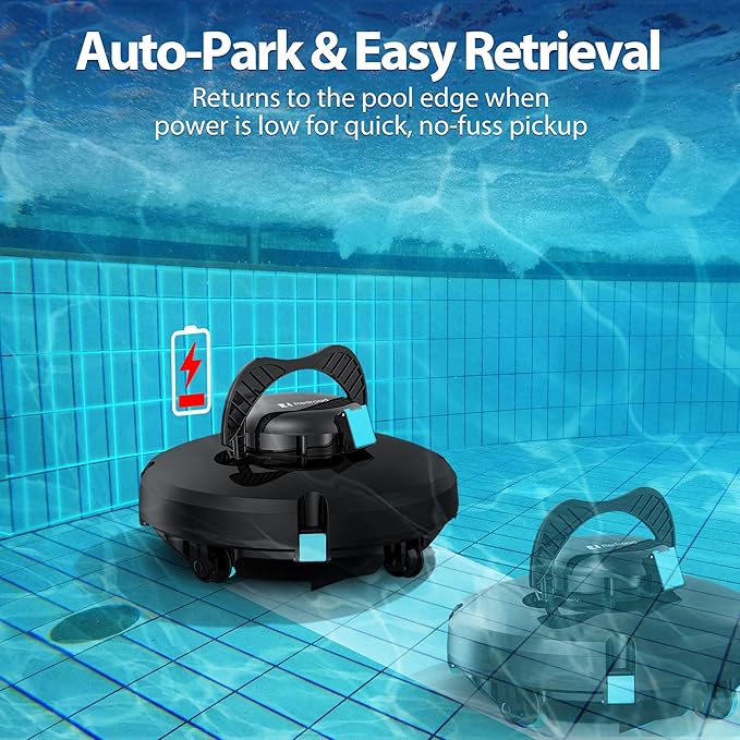 Cordless Robotic Pool Cleaner,Automatic Pool Vacuum Lasts 150Mins,Powerful Suction,Self-Parking, Maximum Climbing Angle 18 Degrees,Lightweight for Above/Inground Pools Up to 1200 Sq.Ft