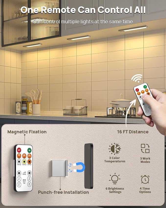 9inch Under Cabinet Lighting Wireless, Rechargeable Motion Sensor Indoor Light, 3 Color Temps & Dimmable Closet Lights with Remote, Magnetic Under Counter Light for Kitchen, Stairs, Wardrobe, 5 Pack